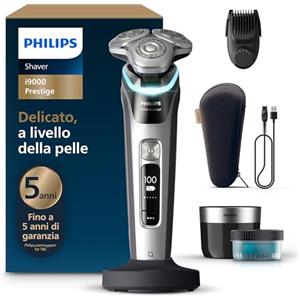 Philips Shaver i9000 Prestige, rasoio elettrico Wet & Dry, tecnologia Skin IQ, triplo sistema di sollevamento e taglio, doppie lame in acciaio di precisione 360°, styler per barba, modello XP9204/33