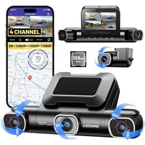 AZDOME 4 Canali 360° Dash Cam Auto con 128GB eMMC, 2.5K+1K×3 Telecamera per Auto con 5G WiFi, Visione Notturna IR, Controllo Vocale, Monitor di Parcheggio, Promemoria per la Guida Stancante M660