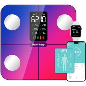 Healthkeep Bilancia per grasso corporeo, bilancia digitale, con grasso corporeo e massa muscolare, per 15 dati corporei, misurazione della frequenza cardiaca, per Apple e Android, arcobaleno