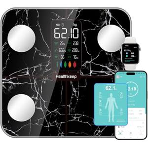 Healthkeep Bilancia per grasso corporeo, bilancia digitale con grasso corporeo e massa muscolare, per 15 dati corporei, misuratore della frequenza cardiaca, per Apple e Android, marmo nero