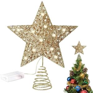 Nexusectar Puntale per albero di Natale, stella glitterata illuminata, 20 x 25 cm, ornamento invernale 3D, albero di Natale luminoso a LED, decorazione fai da te per feste invernali per casa, soggiorno