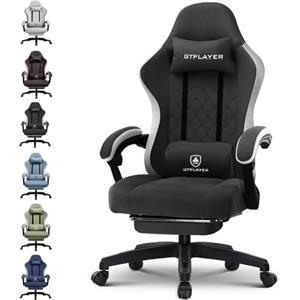 GTPLAYER Sedia da gaming, ergonomica, da scrivania, con superficie in tessuto, cuscino a molla, braccioli di collegamento e poggiapiedi, Negro