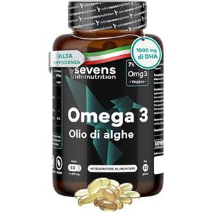 SEVENS NUTRITION Omega 3 Vegan ad Alta Efficienza - Omega 3 1000 mg DHA - 60 Capsule Molli | Con Vitamina E - Complesso di Omega3 a Base di Alghe - Alto Dosaggio per Colesterolo, Cervello, Vista e Cuore - Omegatex®