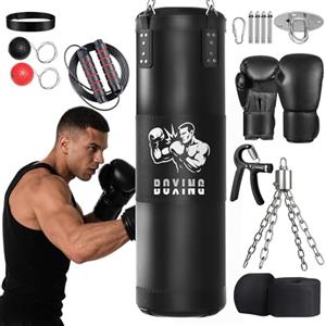 Qoosea Sacco da Boxe per Adulti, 1.2m Appendere Sacchi da Boxe da Muro con Guanti e Catena, Stabile Pungiball Sacco Box Set per Pratica di Taekwondo Karate MMA Fitness (Non Riempiti)