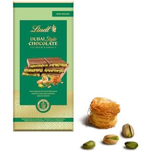 Lindt Tavoletta DUBAI STYLE CHOCOLATE, Tavoletta di Cioccolato al latte, ripiena pistacchio e kadayf, Formato 145g