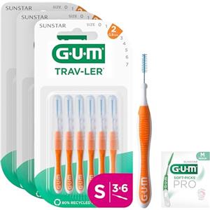 GUM TRAV-LER Scovolini interdentali | manico flessibile | pulizia profonda tra i denti e rimozione della placca | 0.9 mm, ISO 2 | Taglia S | Confezione 3x6 (+ 1 campione omaggio)