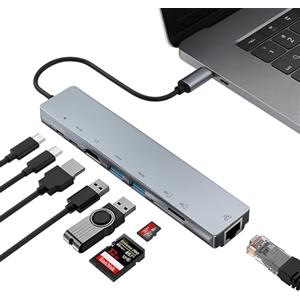 Ailah Docking Station USB C 8 in 1 Hub Adattatore Multiporta HDMI 4K, Ethernet RJ45 Gigabit, Ricarica PD 100W, 3 Porte USB Dati, Lettore SD TF, Alluminio Dock Station Compatibile con MacBook Pro Air HP
