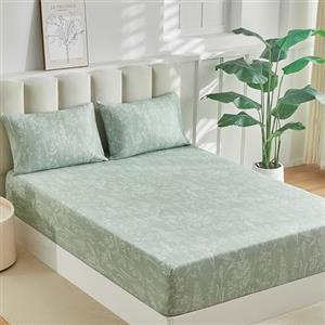 Tokokimo Lenzuolo con Angoli Matrimoniale 160x200 cm, tascone 35 cm, con 2 Federe 65x65 - Copripiumino in Microfibra Morbida Motivo Floreale Dipinto a Mano, Verde Salvia