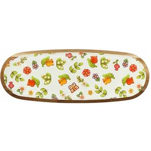 THUN, Piatto Ovale in Legno d'Acacia Smaltato Decorato a Mano con Motivi Floreali, Versione Grande, Linea Happy Country, 44x16x2 cm