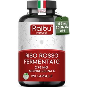RAIBU Riso Rosso FERMENTATO, 50mg di Coenzima Q10 e 2,96mg di Monacolina per capsula - Colesterolo,Supporto Cardiovascolare - Integratore di Riso Rosso (Red Yeast Rice) - Testato per citrinina, 120 Capsule