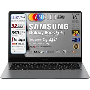Samsung Notebook, Galaxy Book5 Pro display AMOLED 3K WQXGA+ (14") Touch Screen, Intel Core Ultra 7-258V, Ram DDR5 32Gb 8533MHz, SSD Nvme da 1Tb, Ultraleggero 1,23 Kg, Win11 Pro, Gar. Italia