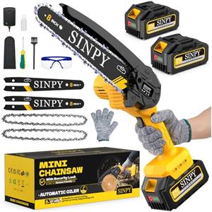 SINPY 8 Pollici Mini Motosega a Batteria per Potatura, 2 x 4000 mAh, 880w sega elettrica con Pompetta Olio e Blocco di Sicurezza, Motosega Elettrica Portatile per il Taglio del Legno Giardini