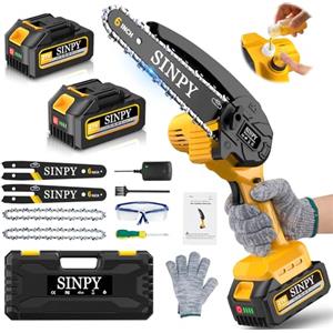 SINPY Mini Motosega a Batteria Per Potatura Con 2x4000 mAh Batterie e Caricatore Rapido, 880W 6 Pollici Sega Con Pompetta Olio e Blocco di Sicurezza per il Taglio Del Legno e Giardini