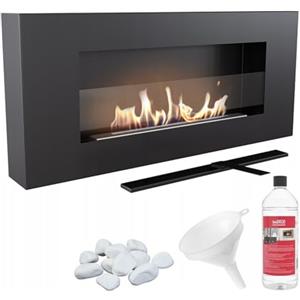 KRATKI Delta Flat Caminetto a bioetanolo + ciottoli + imbuto + biocarburante | Fuoco reale a parete, biocontenitore 0,4 l, certificato TÜV | Acciaio, 40 x 90 cm, vetrificazione, nero opaco