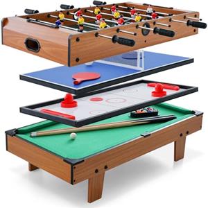 COSTWAY Tavolo Multigioco, Gioco Multifunzione 4 in 1-Calcio Balilla, Tavolo da Biliardo, Ping Pong, Air Hockey, Calcetto Multigioco per Adulti e Bambini, Casa Feste Bar (Nturale)