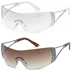 YAMEIZE Occhiali da sole Wraparound Trendy Senza Montatura - Y2K per Donne Uomo Occhiali Wrap Around di Oversized alla Moda per la Guida e lo Shopping all'aperto…