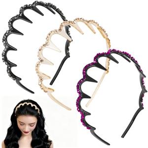 LONEEDY Fasce per capelli da donna, con pettine con denti in cristallo e strass ondulati, antiscivolo, a denti grandi (grigio + oro + viola)