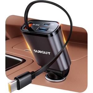 SUNGUY Adattatore 3 in 1 per accendisigari USB C per auto, accessori ultra compatti, compatibile con 12 V/24 V, caricatore rapido per auto, per iPhone 16/15, iPad, Galaxy