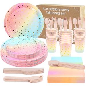 Anstore Set di 200 Piatti di Carta Arcobaleno, 25 Ospiti Stoviglie Compleanno Riutilizzabile Piatti, Cucchiai, Forchette, Coltelli, Tazze, Tovaglioli di Carta Decorazione per Matrimoni, Compleanno