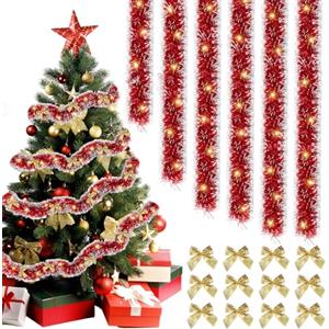 Xbessc 6 Pz 2 M Ghirlanda Albero di Natale Rosso Orpelli Natalizi Tinsel con Fiocco Dorato Festoni per Decorazione Albero di Natale Interni ed Esterni