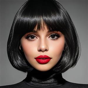 Luxiremi Bob Parrucche per le donne 12 pollici sintetico corto liscio nero parrucca con frangia gioco di ruolo Hollywood Indossare