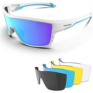 HAAYOT Occhiali da ciclismo polarizzati per uomini donne occhiali da sole sportivi con 5 lenti TR90 telaio occhiali MTB occhiali da mountain bike corsa pesca escursionismo, bianco lucido e blu ghiaccio