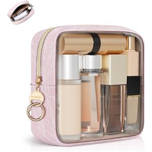 Playexen Trasparente Pochette Donna Trucchi Portatrucchi Beauty Case Piccolo Pelle PU Borsatte Ragazza per Cosmetica Piccola con Trasparente TPU Organizer Accessori da Viaggio Regalo Ragazza Compleanno(Rosa)