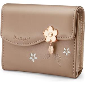 HNOOM Portafoglio Donna Piccolo in Pelle PU Carina Sottile Portafoglio in formato corto con Cerniera Portamonete e Chiusura a Scatto Scomparti per Carte Multipli (S-Marrone)