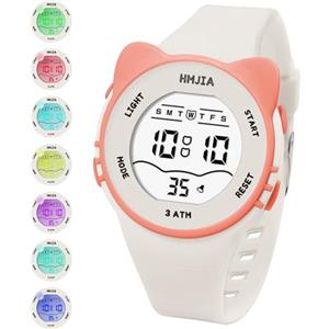 HMJIA Orologio e Collane per Bambina con Motivo Gatto 3ATM Impermeabile con luce Cronometro Allarme per Orologio Digitale Bambina Orologio bambini da 3 a 12 Anni (Bianco)