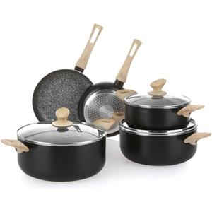 KASANOVA Black Stone Batteria Pentole Large in Alluminio - Set Antiaderente Nero con Manici Effetto Legno, Senza Nichel e PFOA, per Induzione e Tutti i Piani Cottura (8)