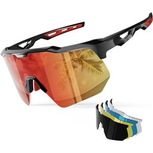HAAYOT Occhiali da sole sportivi rapidi polarizzati occhiali da ciclismo da uomo e da donna, 5 lenti intercambiabili, protezione UV al 99%, occhiali leggeri TR90 per ciclismo, colore nero e rosso