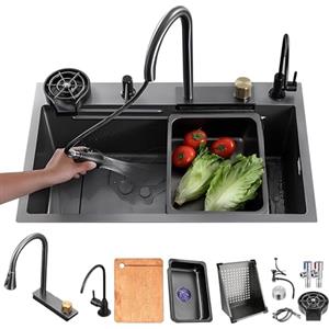 HZKSINNK 85x50cm Lavello da cascata nero, multifunzionale Lavello Cucina 1 Vasca in Acciaio Inox, con Rubinetto Estraibile, sifone e Set di Drenaggio, e vari accessor, lavello domestico set