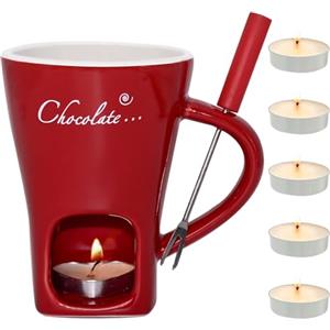 Dongcill Tazza per Fonduta di Cioccolato,200 ML,Tazza Cioccolata Calda Candela,Set per Fonduta di Cioccolato,in Ceramica,con forchetta e Lumino,per Sciogliere e Mantenere in Caldo,Rosso