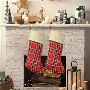 climafusion 2 Pezzi Calze Natale da Appendere, 48cm con Polsino in Iuta Calza Befana Vuota, Calze Natalizie da Appendere Camino