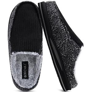 ONCAI Pantofole da Uomo in Comfort Pelo Cotone Strisce Ciabatte da Casa in Lana Corduroy con Memory Foam Supporto Arco Suola in Gomma Nero Taglia 48