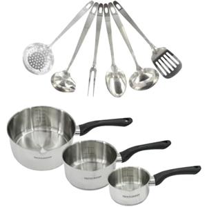 Fackelmann 9446050 Set 3 pentole 12 16 e 20 cm in acciaio inox 18/8 e 6 utensili in acciaio inox, tutti i fuochi, induzione, senza PFAS, acciaio inossidabile 18/8, 12 16 20 cm