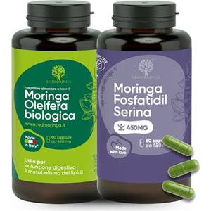 RedMoringa LOW CORTISOLO - Fosfatidilserina 450 mg + Moringa Oleifera BIO | Per abbassare il Cortisolo, Pancia da Stress | Integratore Memoria e Concentrazione | 150 Capsule Vegetali Made in Italy | RedMoringa