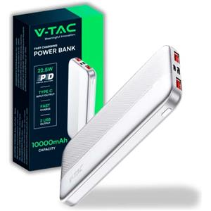 V-TAC Power Bank 10000 mAh con Ricarica Rapida PD 22.5W - Batteria Esterna Sottile con Porta USB Type-C e 2 Porte USB-A - Compatibile iPhone, iPad, Samsung, iPad, Xiaomi - PowerBank Bianco