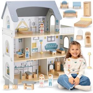 Mamabrum Casa delle Bambole in Legno con Terrazza - Struttura a 3 Livelli con 5 Camere e Mobili, 70,4 cm di Altezza - Set Gioco Completo Accessori e Personaggi per Bambini