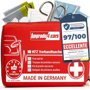 Upgrade4cars Kit di Pronto Soccorso 2026 per Auto Casa Viaggio Trekking ecc. Cassetta Medica Primo Soccorso Completo Portatile Rosso Borsa di Emergenza Completa per tutta Europa