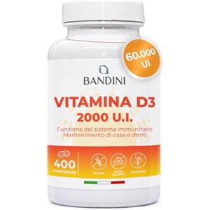 Bandini® Vitamina D 60.000 UI/mese 400 Compresse (+1 Anno), Difese Immunitarie, Salute di Ossa, Denti e Muscoli, Metabolismo del Calcio, 50 mcg di Colecalciferolo, Vitamin D3 Pura ad Alto Dosaggio