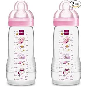 MAM Biberon Easy Active Baby Bottle 330 ml (Set da 2), Kit da 2 biberon MAM per bambini attivi ergonomici e pratici, Accessori neonato 4+ mesi allattamento con tettarella misura 3, Rosa assortito