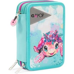 GO POP - Astuccio Triplo Scuola Turtle Bloom Con 3 Zip E 3 Scomparti, Contiene 18 Matite Colorate, 18 Pennarelli e altri Pratici Oggetti per la Scuola,13 l x 19,5 h x 6,5 p