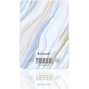 BEPER P102BIL001 Bilancia digitale, Piatto in vetro temperato, Bilancia da cucina con display LCD e tasti touch, Funzione tara, Portata massima 5kg, Spegnimento automatico, Fantasia marmo