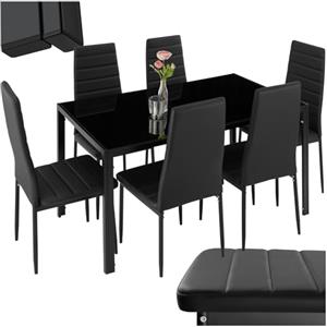 tectake® Set di Mobili per Sala da Pranzo, 6 Sedie in Similpelle Resistente, Tavolo con Piano in Vetro, Design Moderno, Piedini SalvaPavimento, Ideale per Cucina e Soggiorno - Nero/Nero