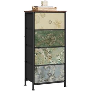 WOLTU Cassettiera, 4 Cassetti per Camera da Letto/Corridoio/Soggiorno, Marrone Rustico e Nero con Motivo Fiore Retrò, Struttura in Metallo, 45x30x95cm, SSK011pw