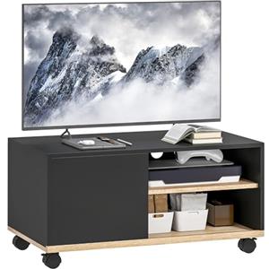 HOMCOM Mobile TV con Ruote, Mobile Porta TV Fino a 42" con Armadietto, Ripiani Aperti Regolabili, Foro Passacavi, Mobiletto per Televisore, per Soggiorno, Camera da Letto e Salotto, 80x45x41 cm, Nero