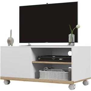HOMCOM Mobile TV 42" Max con Ruote, Mobile TV Soggiorno in Truciolato con 2 Ripiani Aperti e Anta, 80x45x39.5 cm, Bianco