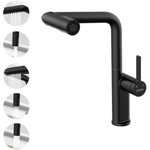 HURRAN Miscelatore Cucina con Doccetta Estraibile, Rubinetto Lavello Cucina con 5 Modalità di Erogazione, Rubinetto Cucina Monocomando Girevole a 360°, Nero Matte