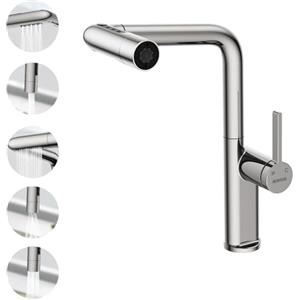 HURRAN Miscelatore Cucina con Doccetta Estraibile, Rubinetto Lavello Cucina con 5 Modalità di Erogazione, Rubinetto Cucina Monocomando Girevole a 360°, Cromo